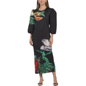 NANCY YANG Puff Sleeve Crinkled Floral Dress